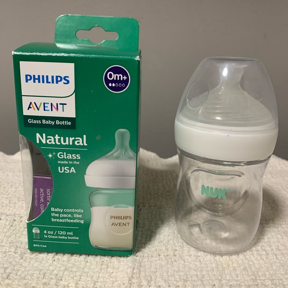 2 bottles, NUK and Philips Avent baby bottle